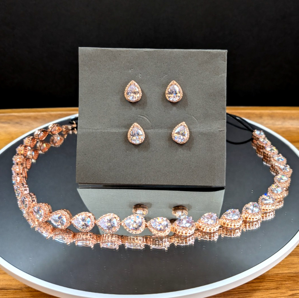 Rose Gold Bridal Headband & 2 Pair Crystal Stud Earrings Wedding Jewelry Set